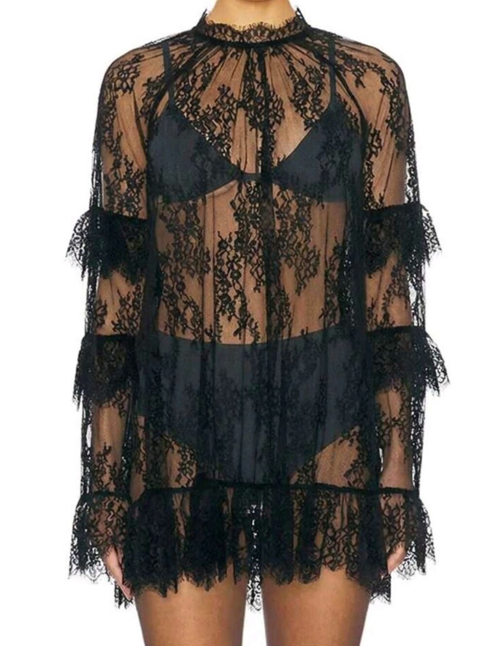 Women's Elegant Lace Dress, Long Sleeve, Small Stand Collar, Ruffle Design, Eleg - Picture 6 of 6